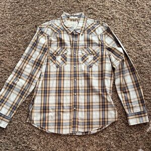 American Eagle Outfitters Men's Blue and Brown Plaid Shirt, like new